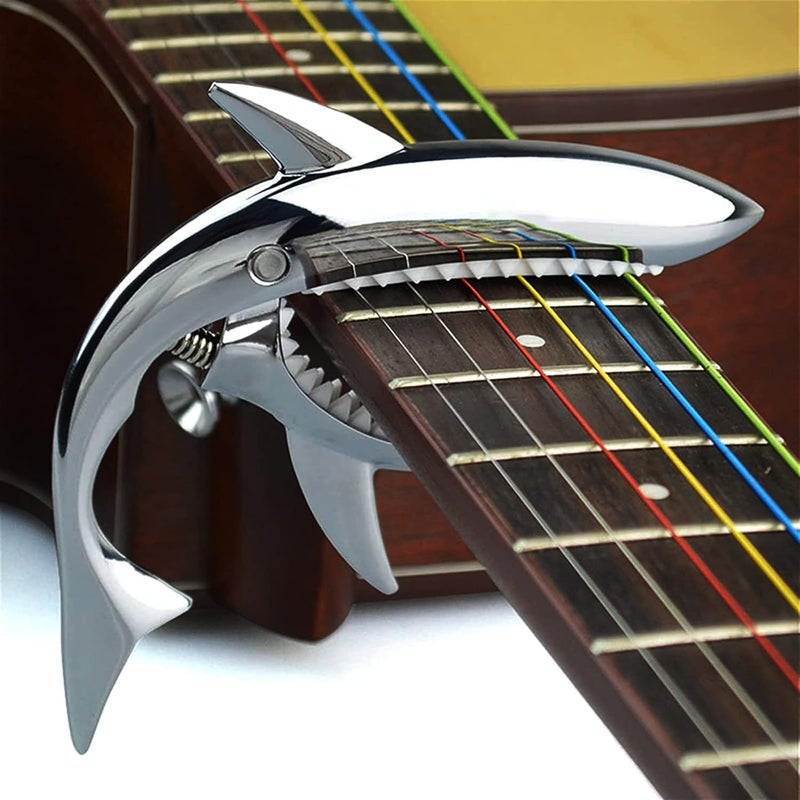 JINWEE Shark Guitar Capo for Electric Acoustic Classical Guitar with 6 Pcs Bridge Pins & Bridge Pin Puller Remover, Guitar Replacement Parts and Accessories Set(silver) - Image 4